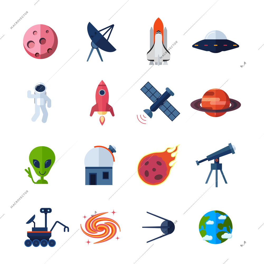 Space icons flat set with meteorite asteroid rocket globe isolated vector illustration