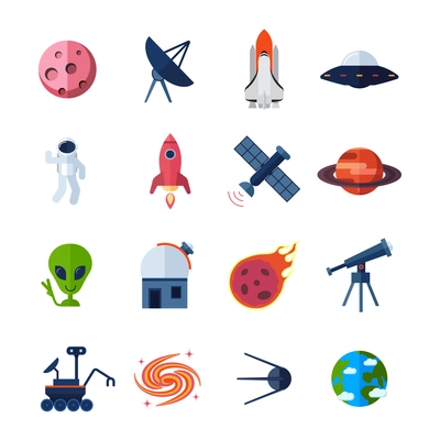 Space icons flat set with meteorite asteroid rocket globe isolated vector illustration