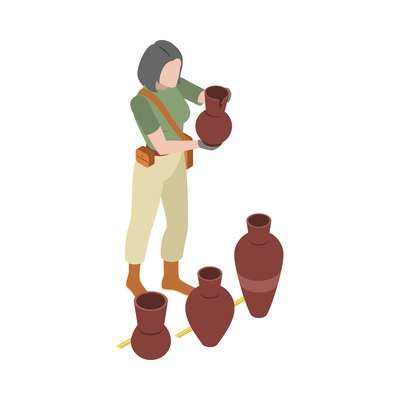 Archeology isometric composition with human character of archeologist at work vector illustration