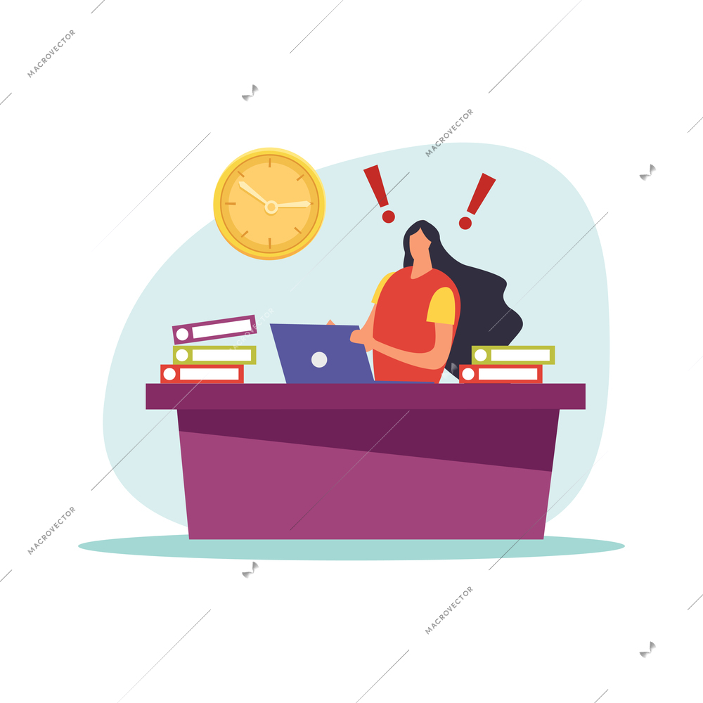 Deadline flat icons composition with hurrying and worried human character during hard work vector illustration