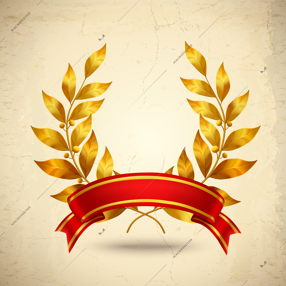 Gold realistic laurel wreath with red ribbon success heraldic emblem vector illustration