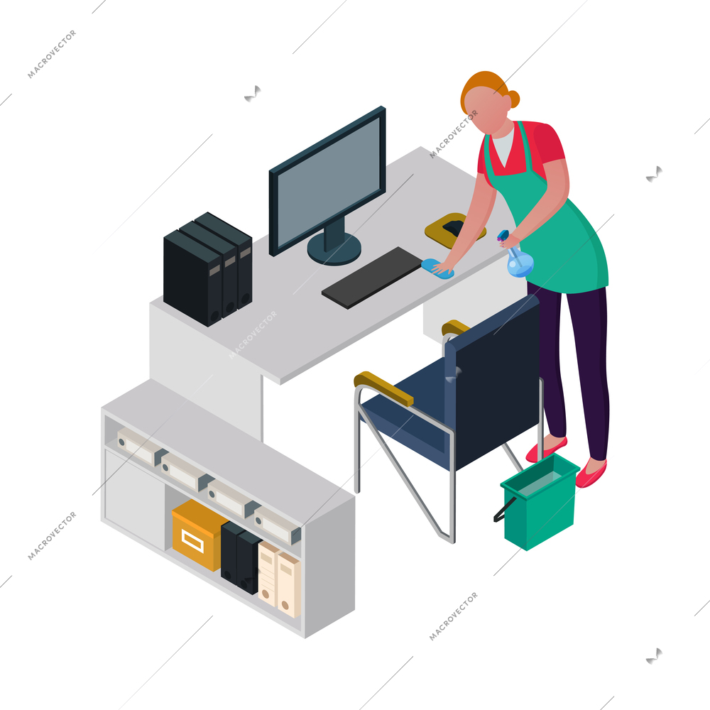 Isometric cleaning service housemaid composition with view of cleanup routines on blank background vector illustration