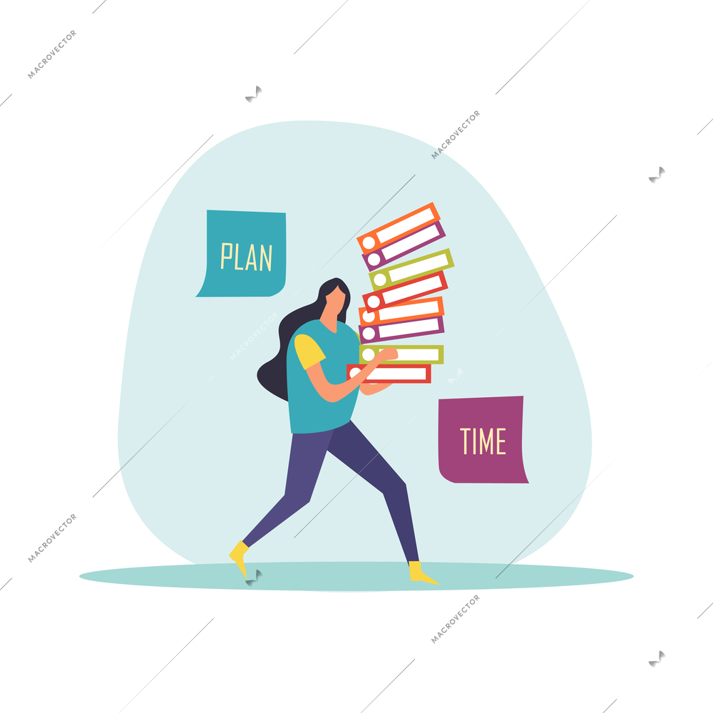 Deadline flat icons composition with hurrying and worried human character during hard work vector illustration