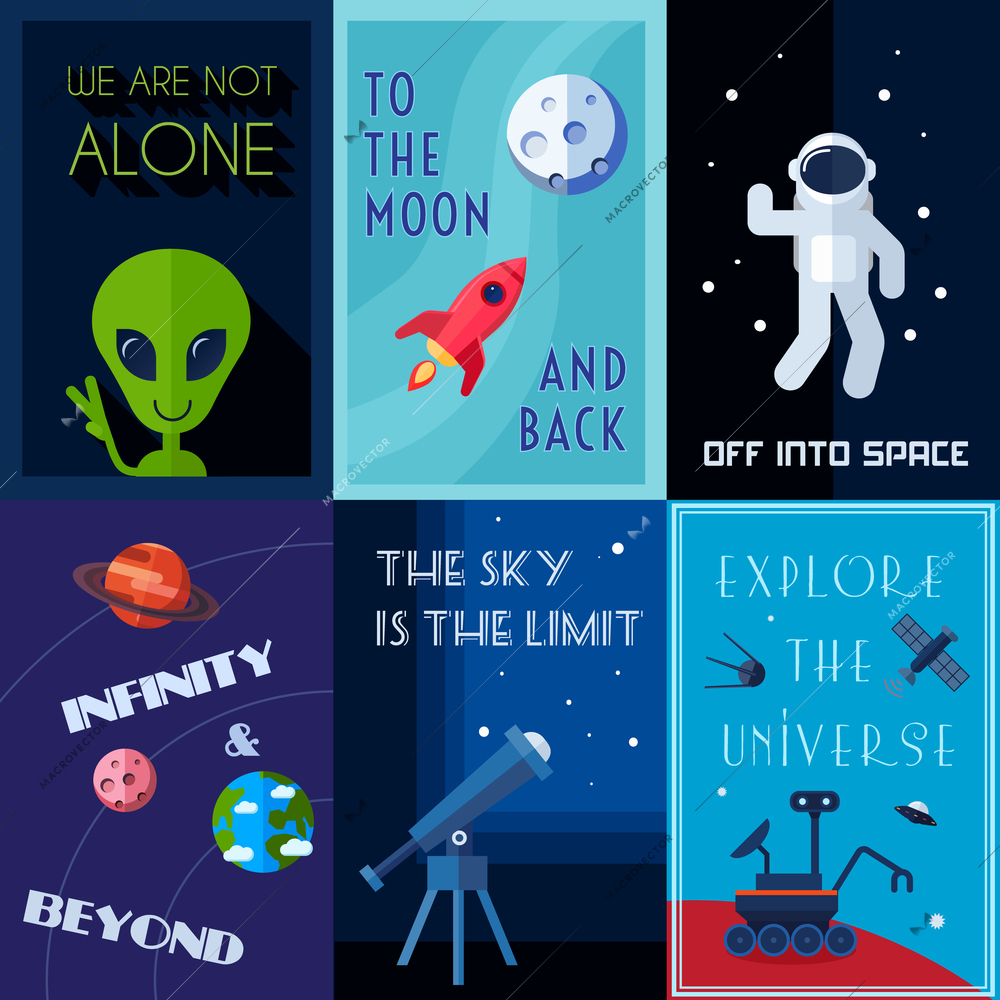 Space exploration human spaceflights mini poster set isolated vector illustration