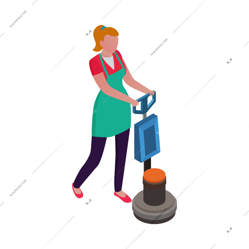 Isometric cleaning service housemaid composition with view of cleanup routines on blank background vector illustration