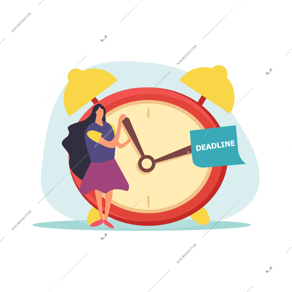 Deadline flat icons composition with hurrying and worried human character during hard work vector illustration