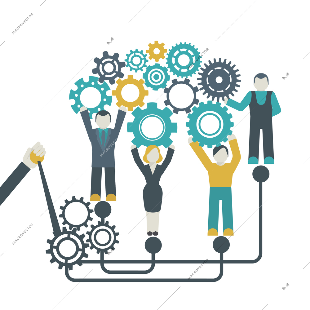 Teamwork company organization concept with people holding cog wheels vector illustration