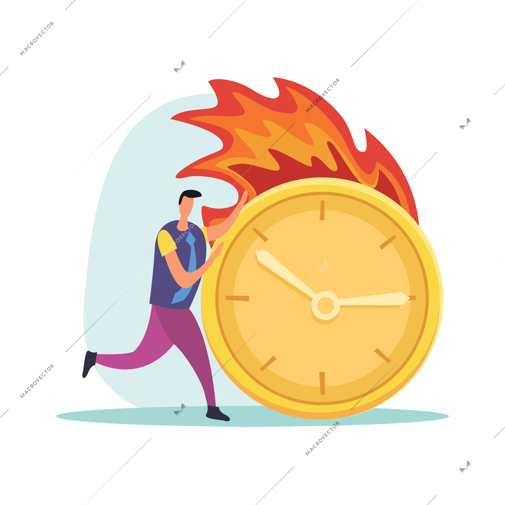 Deadline flat icons composition with hurrying and worried human character during hard work vector illustration