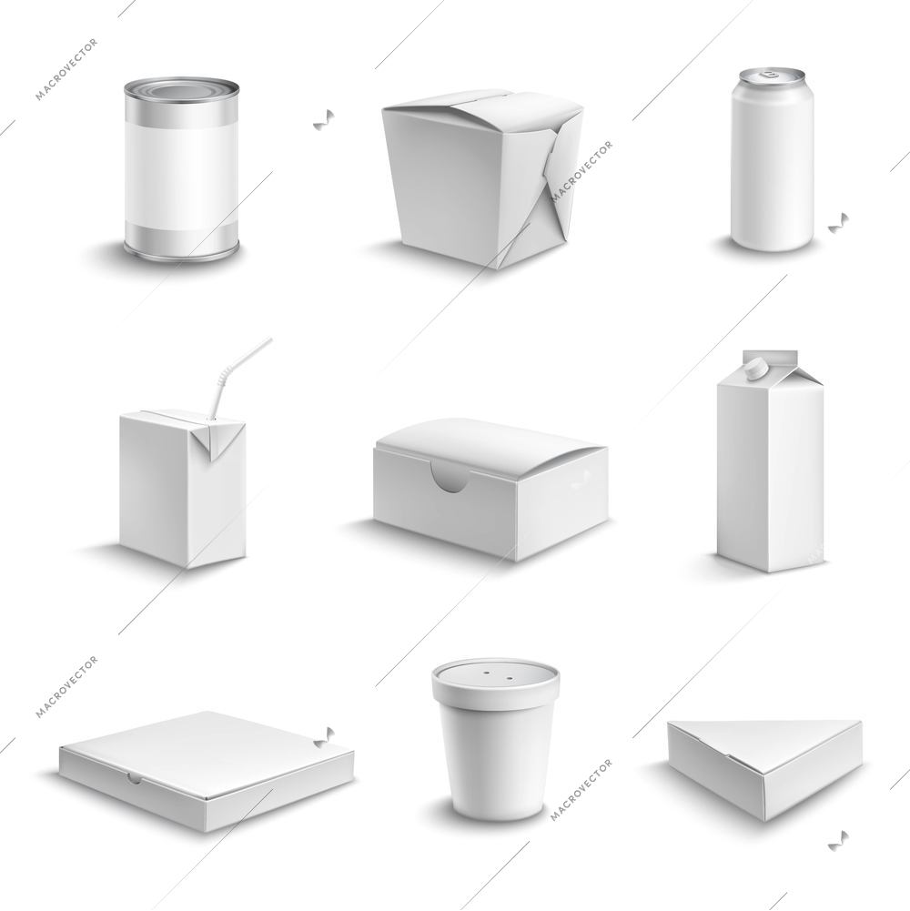 Food and drink plastic and cardboard package blank white objects set isolated vector illustration