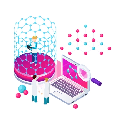 Nanotechnology isometric composition with icons of atoms lab equipment and human characters of scientists vector illustration