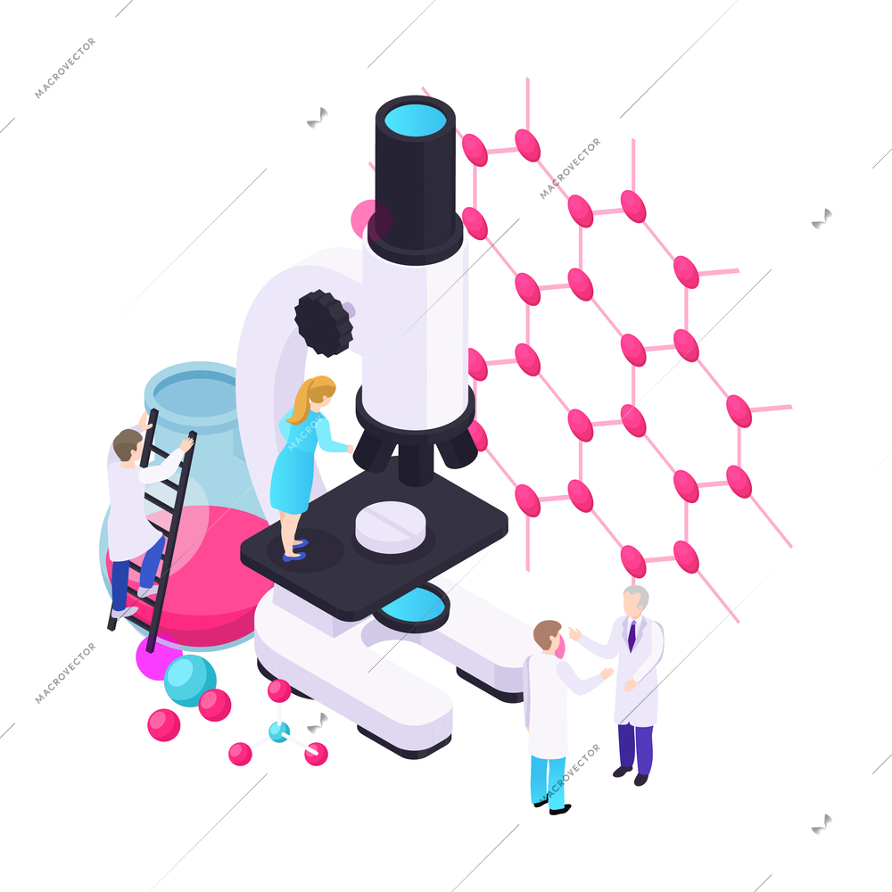 Nanotechnology isometric composition with icons of atoms lab equipment and human characters of scientists vector illustration