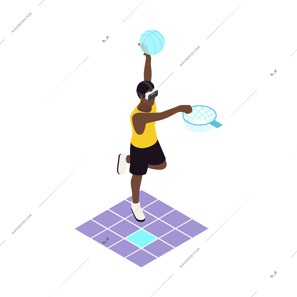 VR sports isometric icons composition with human character wearing helmet engaging sports activities vector illustration