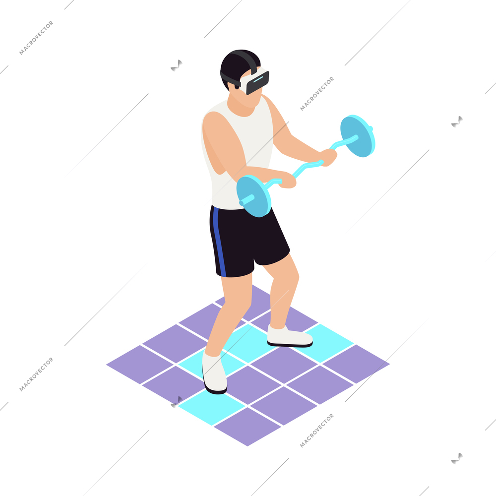 VR sports isometric icons composition with human character wearing helmet engaging sports activities vector illustration