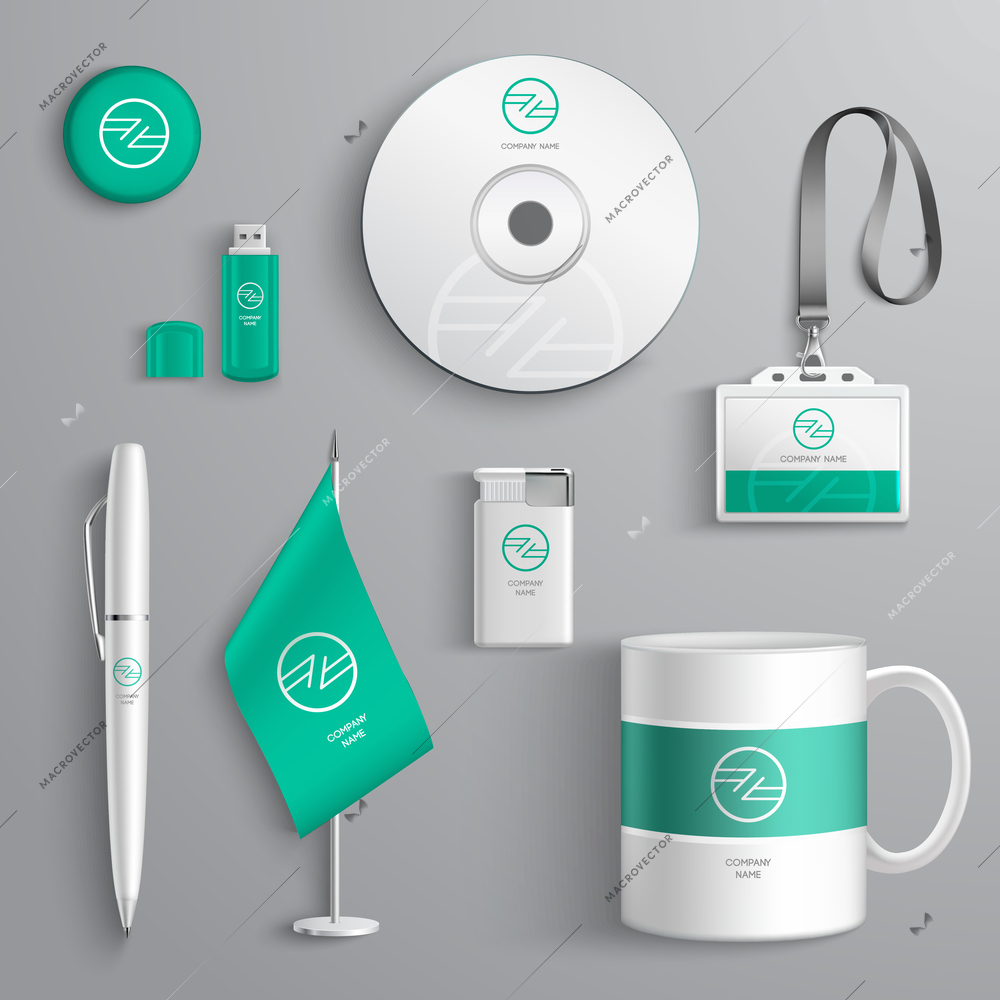 Corporate identity emerald design stationery collection set isolated vector illustration