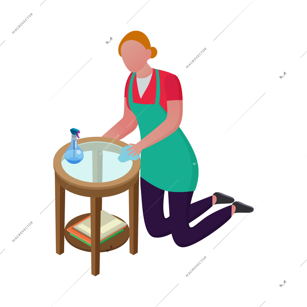 Isometric cleaning service housemaid composition with view of cleanup routines on blank background vector illustration