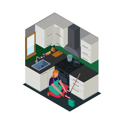 Isometric cleaning service housemaid composition with view of cleanup routines on blank background vector illustration