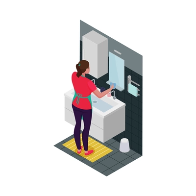 Isometric cleaning service housemaid composition with view of cleanup routines on blank background vector illustration