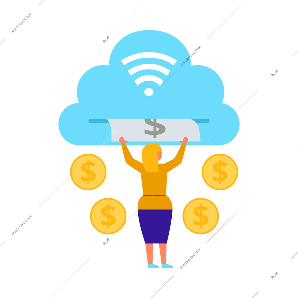 Finance payment money composition of conceptual online payments transactions cloud savings icons and people vector illustration