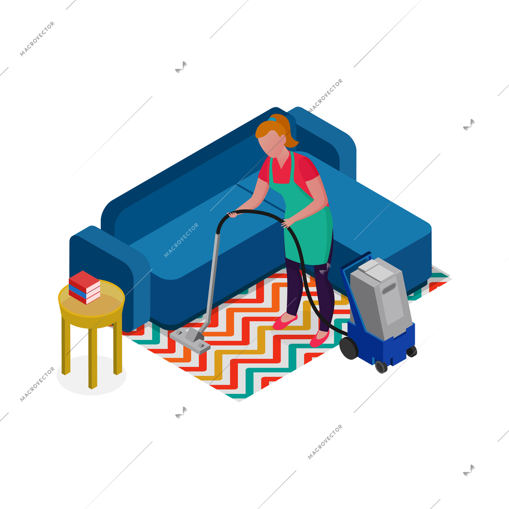 Isometric cleaning service housemaid composition with view of cleanup routines on blank background vector illustration