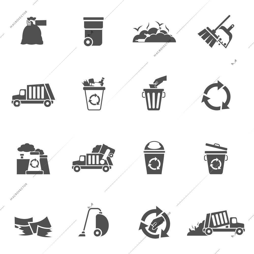 Garbage waste ecology recycling and pollution icons black set isolated vector illustration