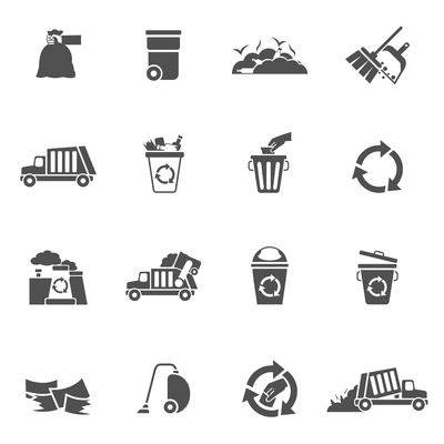 Garbage waste ecology recycling and pollution icons black set isolated vector illustration