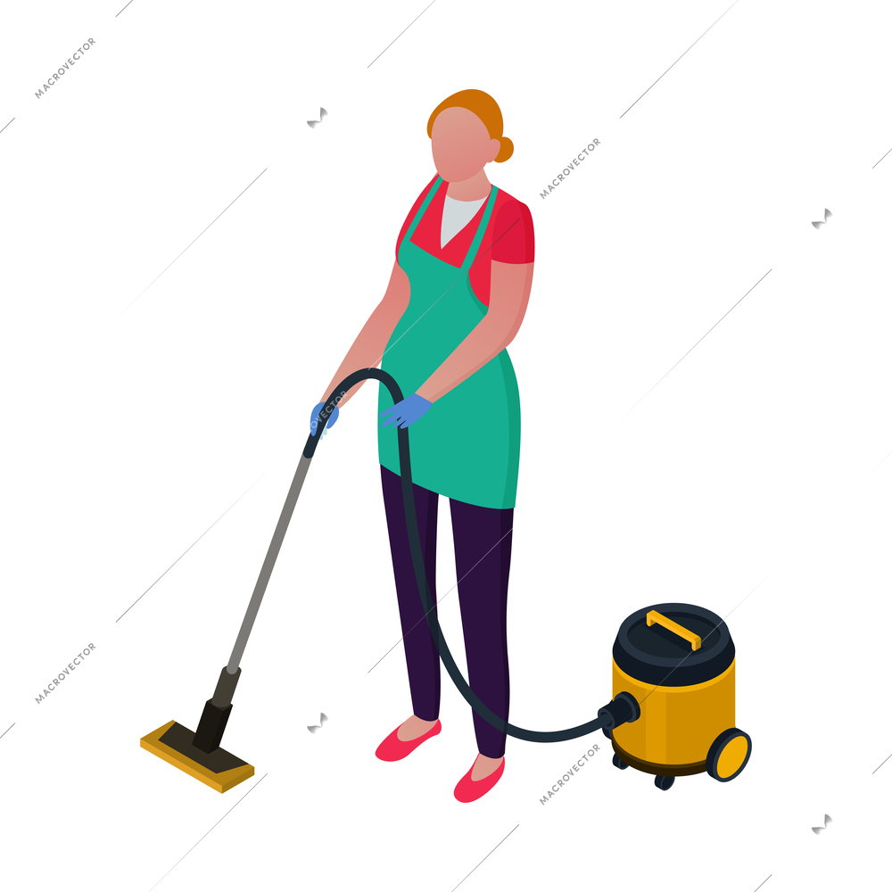 Isometric cleaning service housemaid composition with view of cleanup routines on blank background vector illustration