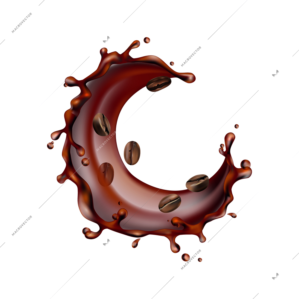 Coffee splashes realistic composition with liquid spray coffee bean images on transparent background vector illustration
