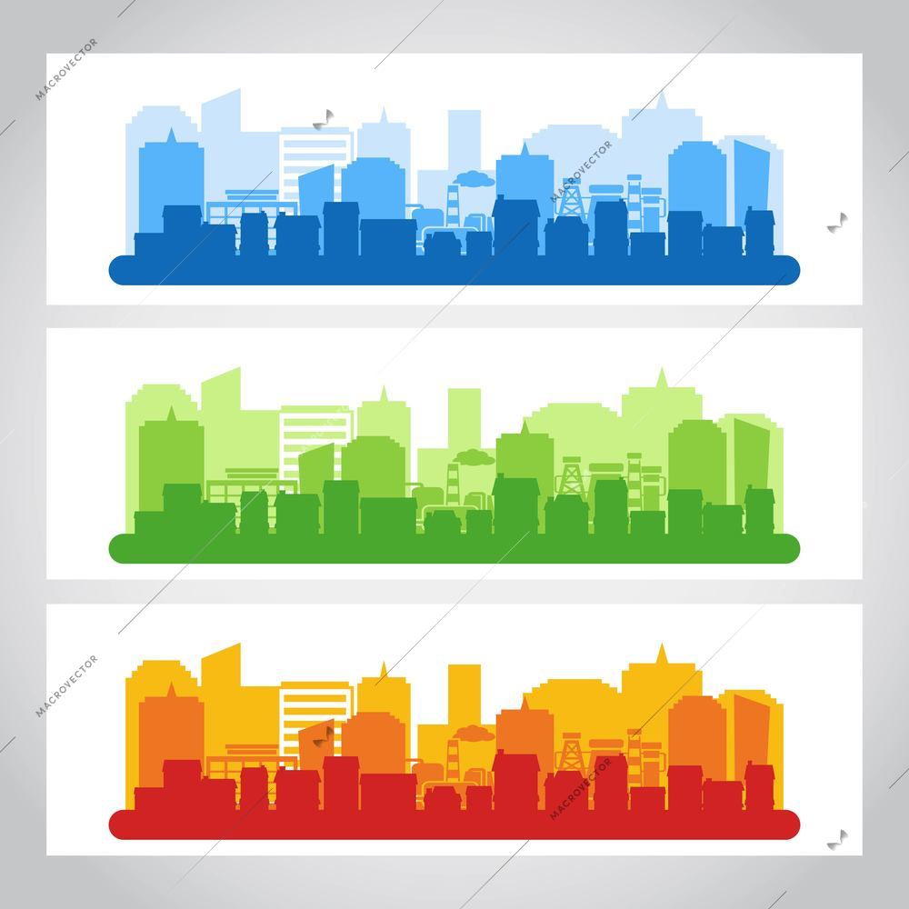 Landscape city perspective view horizontal banner color set isolated vector illustration