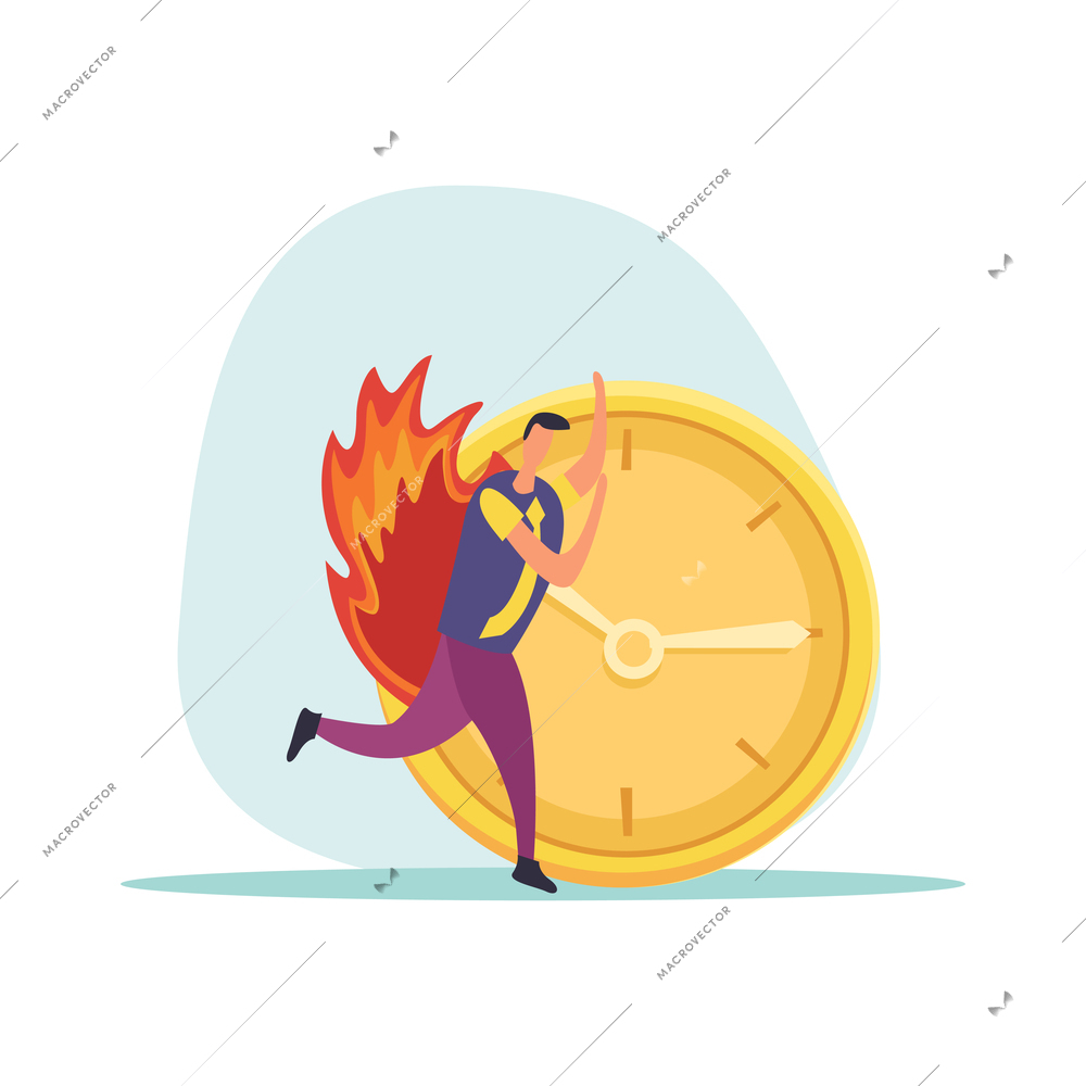 Deadline flat icons composition with hurrying and worried human character during hard work vector illustration