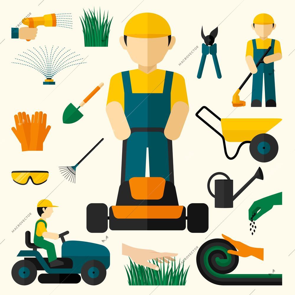 Man with lawn mower and garden equipment decorative icons set isolated vector illustration