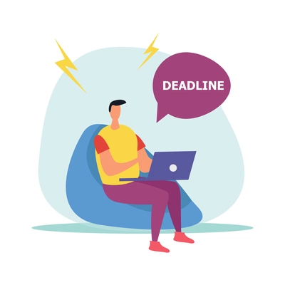 Deadline flat icons composition with hurrying and worried human character during hard work vector illustration