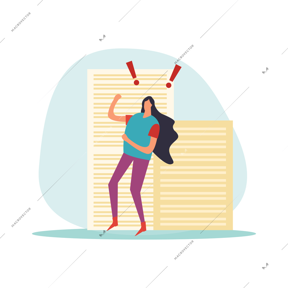 Deadline flat icons composition with hurrying and worried human character during hard work vector illustration