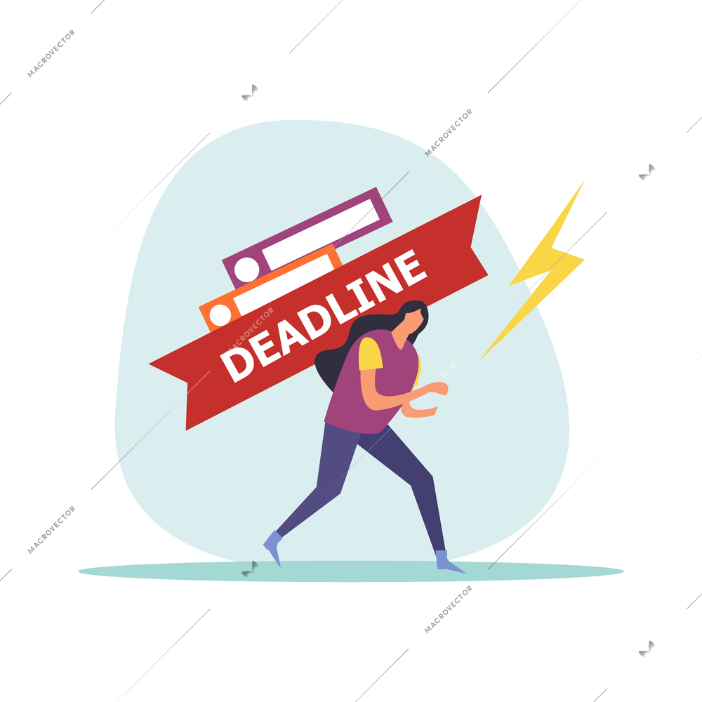 Deadline flat icons composition with hurrying and worried human character during hard work vector illustration