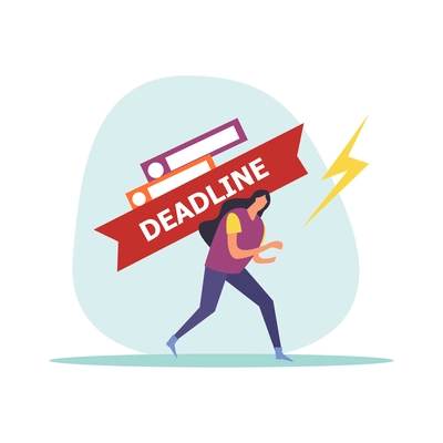 Deadline flat icons composition with hurrying and worried human character during hard work vector illustration