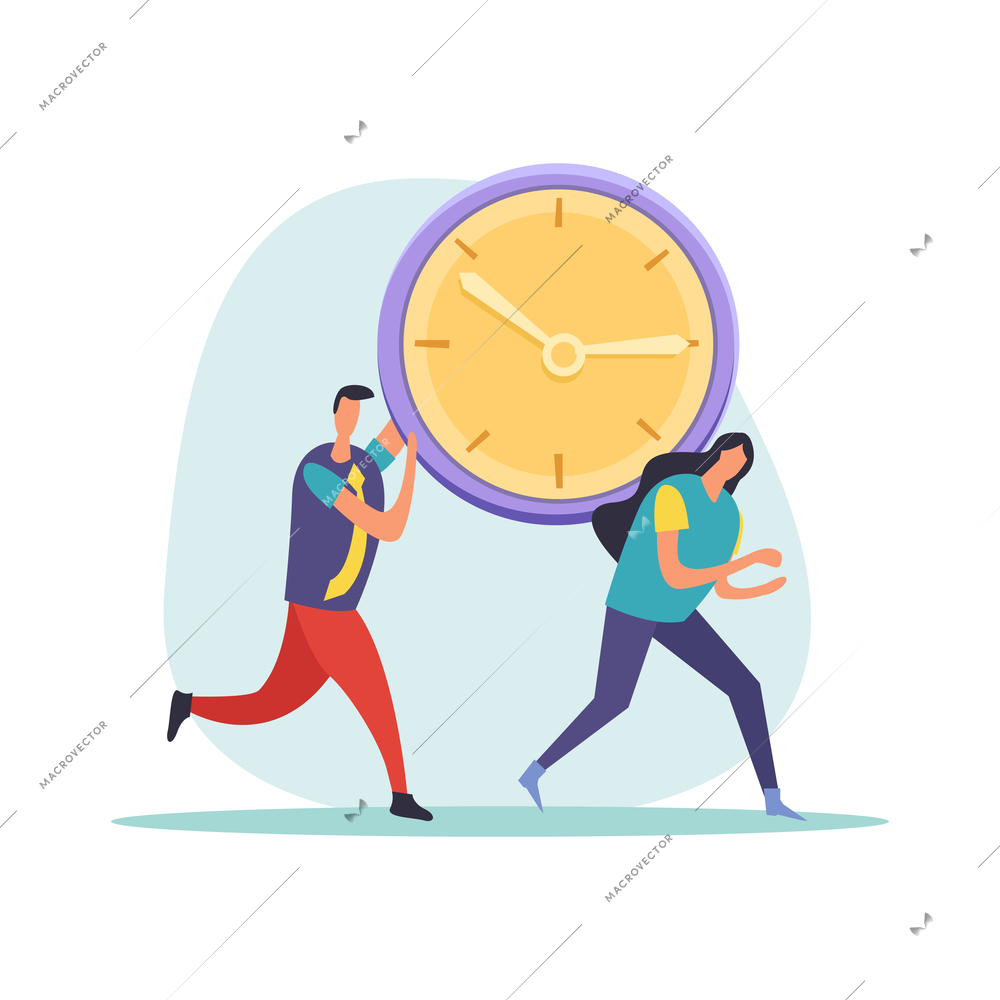 Deadline flat icons composition with hurrying and worried human characters during hard work vector illustration