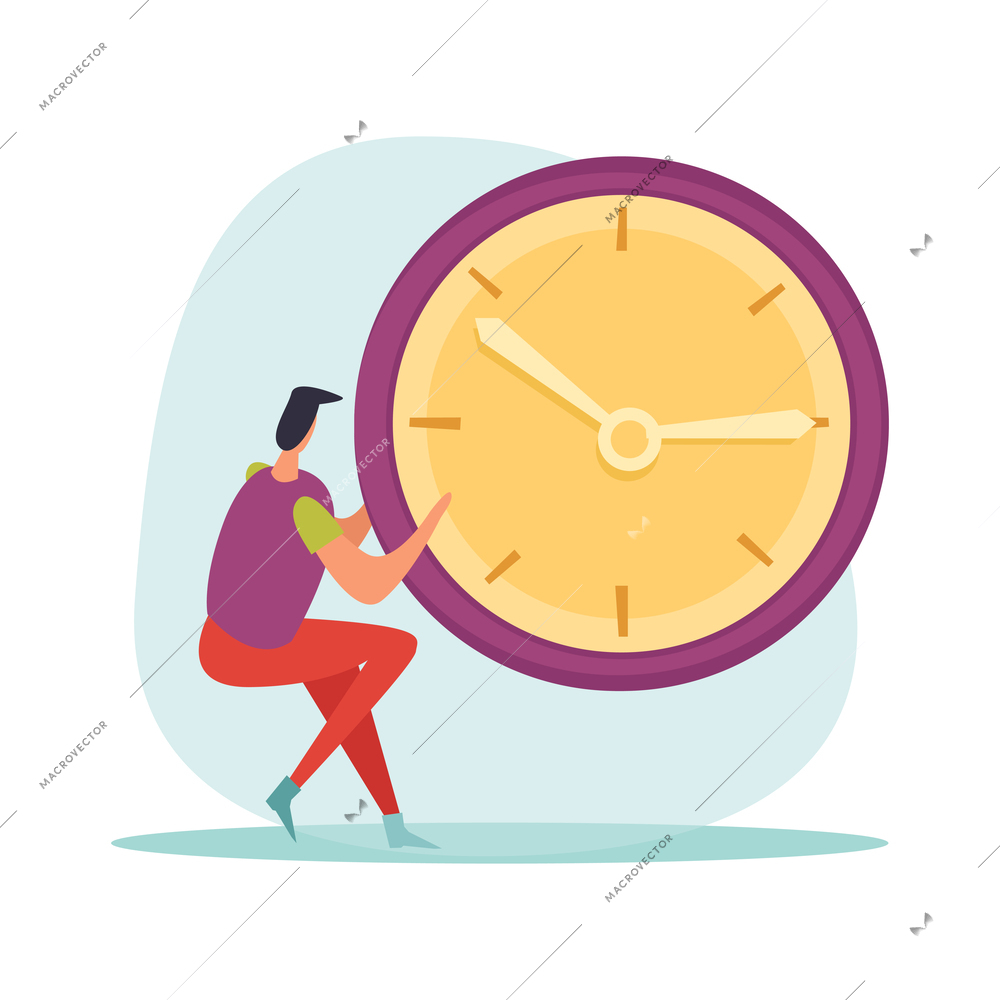 Deadline flat icons composition with hurrying and worried human character during hard work vector illustration