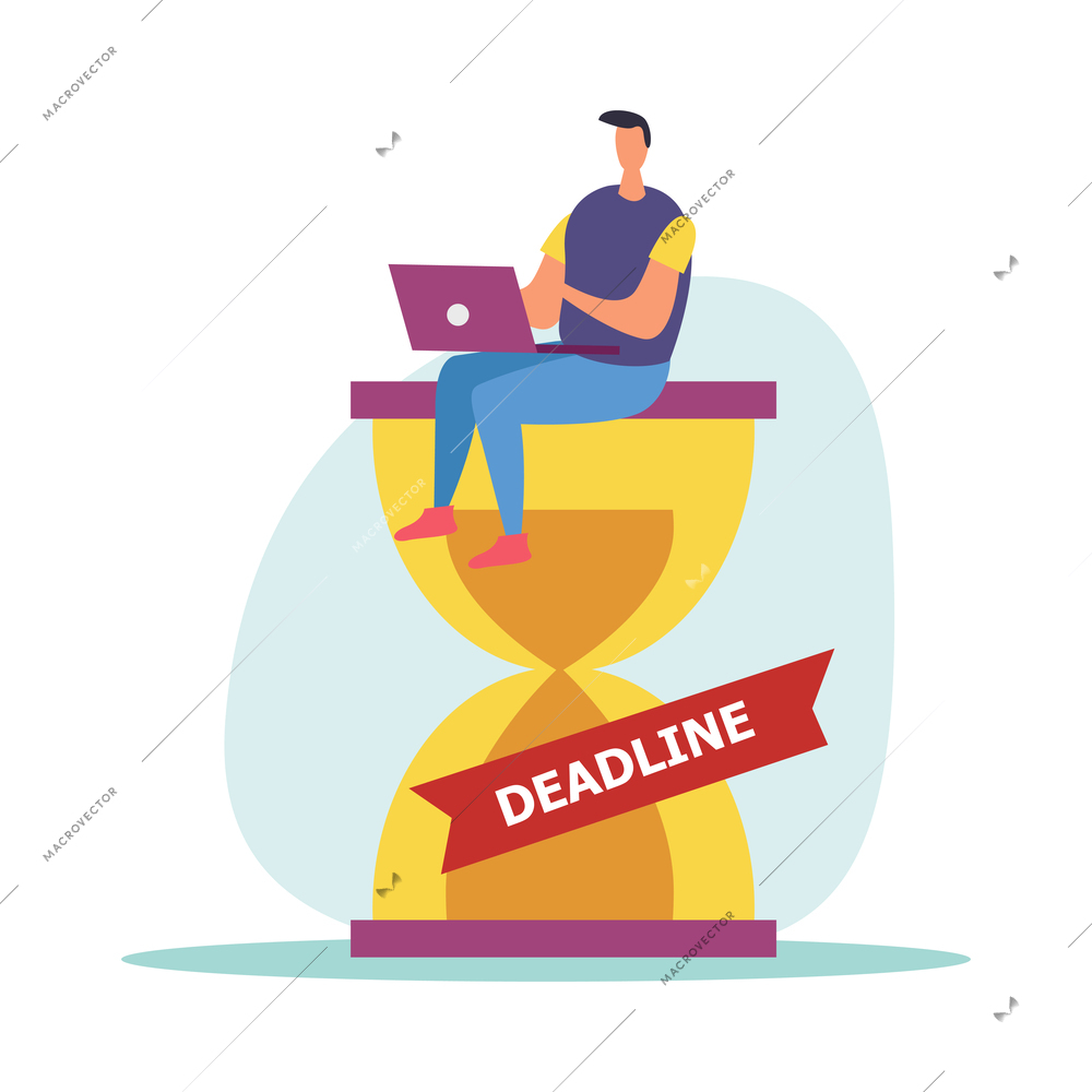 Deadline flat icons composition with hurrying and worried human character during hard work vector illustration