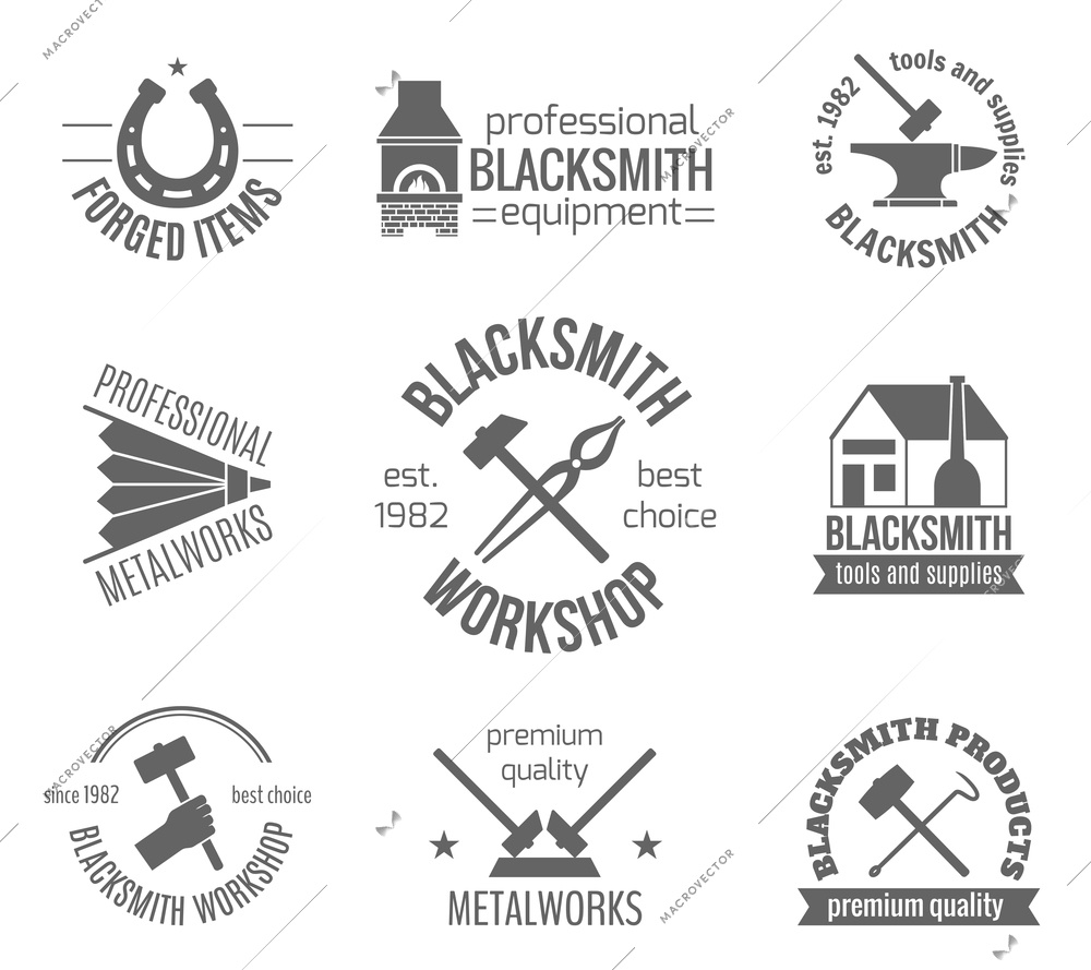 Blacksmith workshop equipment and professional metalworks label set isolated vector illustration