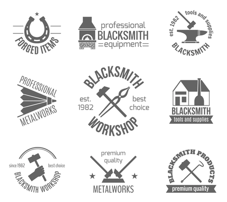 Blacksmith workshop equipment and professional metalworks label set isolated vector illustration