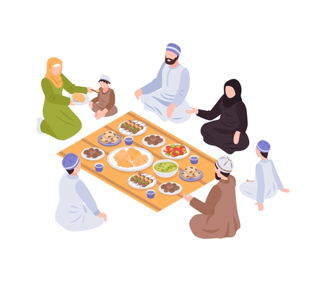 Isometric arabs people family business recreation life composition with muslim human character vector illustration