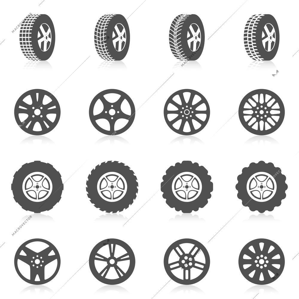 Tire car auto montage service black silhouette icons set isolated vector illustration