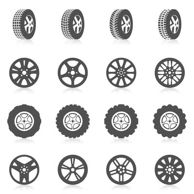 Tire car auto montage service black silhouette icons set isolated vector illustration