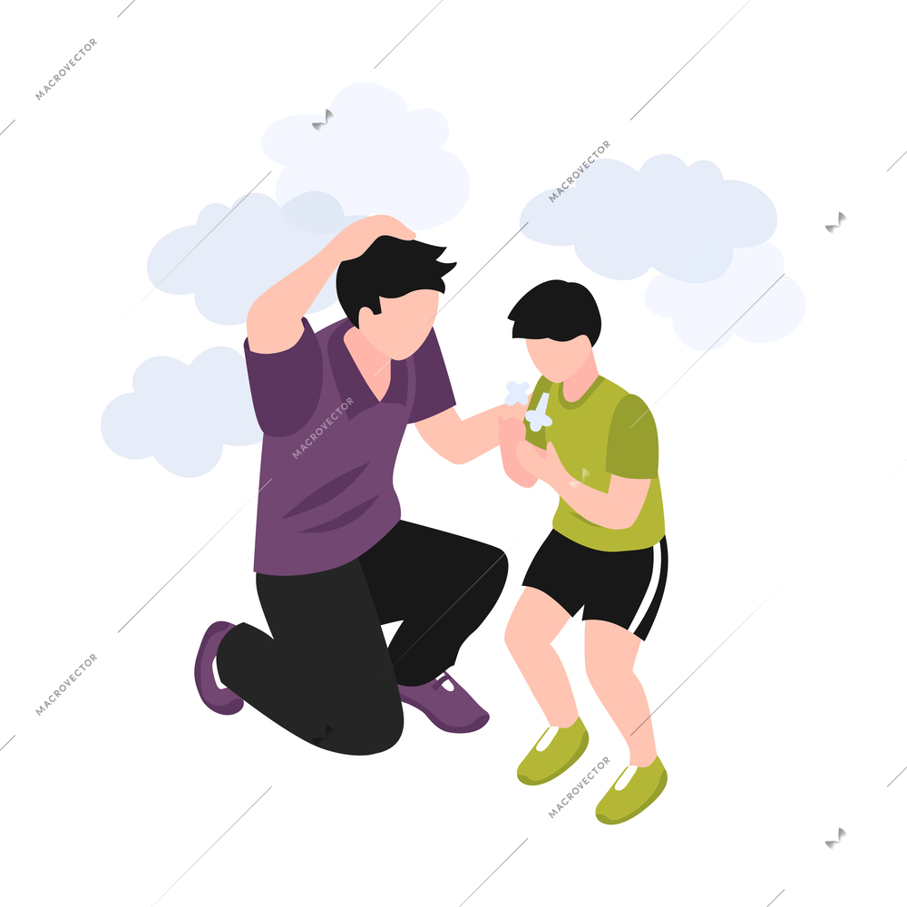 Isometric air pollution composition with isolated human characters having difficulty breathing dirty air vector illustration
