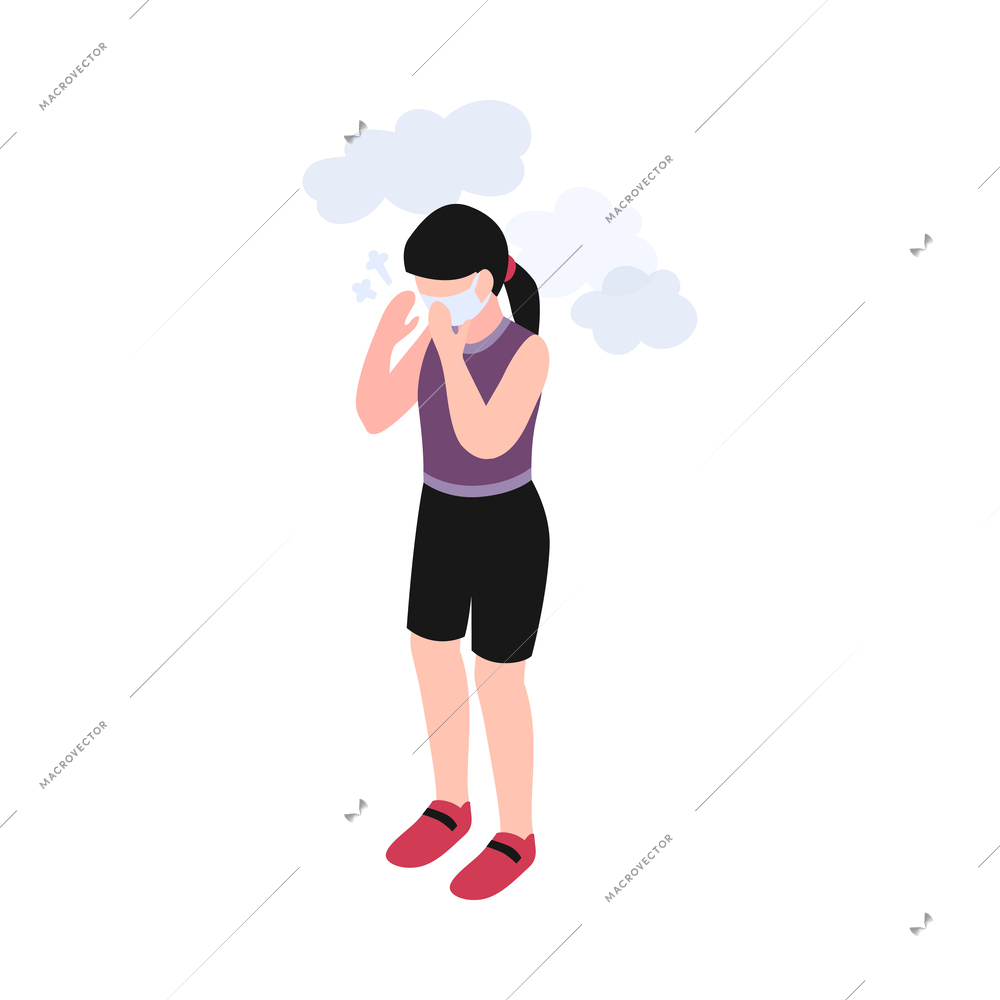 Isometric air pollution composition with isolated human characters having difficulty breathing dirty air vector illustration