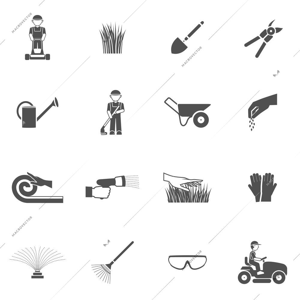 Lawn man farm worker with grass cutting equipment black icon set isolated vector illustration