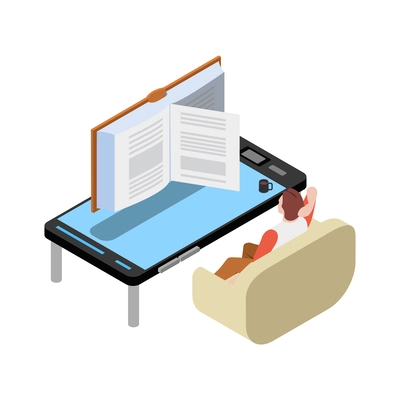 Reading and library isometric composition with reading information icons on blank background vector illustration
