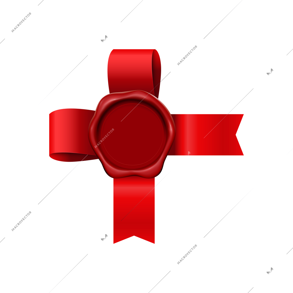 Wax stamp ribbons composition with realistic image of vintage stamp with red ribbon vector illustration