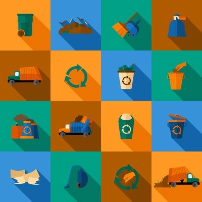 Garbage flat icons set with trash dump waste basket earth pollution isolated vector illustration