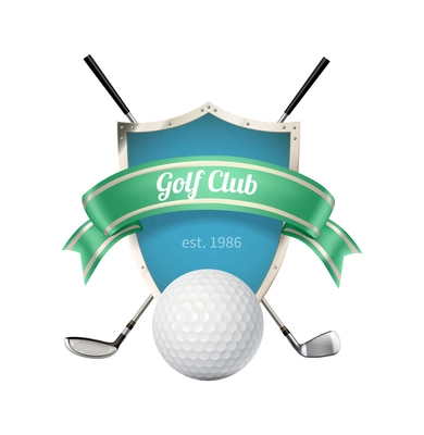 Golf composition with isolated golf club emblem with realistic ball and brassie images vector illustration