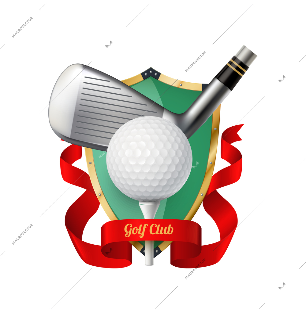 Golf composition with isolated golf club emblem with realistic ball and brassie images vector illustration